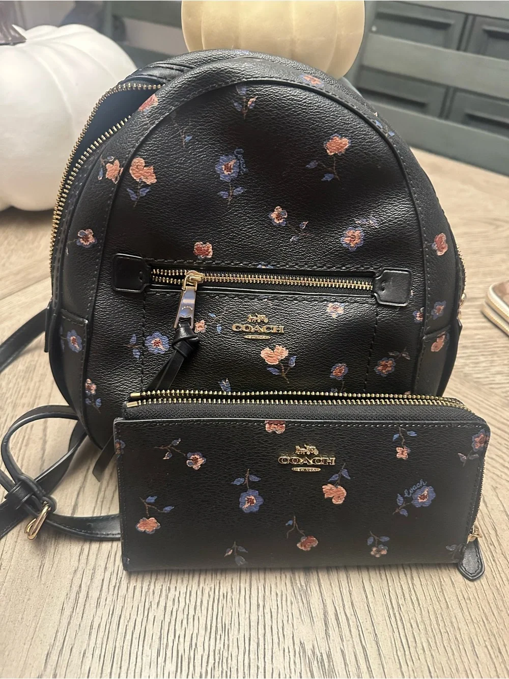 COACH Black Floral Leather Mini Backpack with Matching Wallet